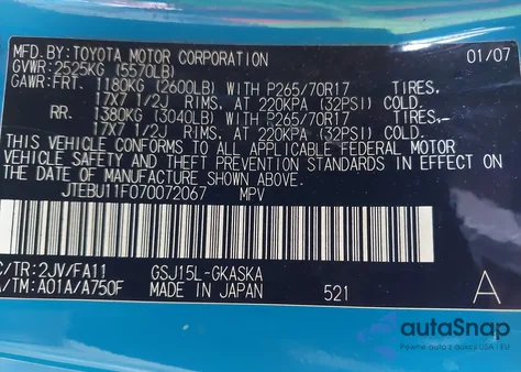 2007 Toyota Fj Cruiser z USA, uszkodzony, nr VIN JTEBU11F070072067